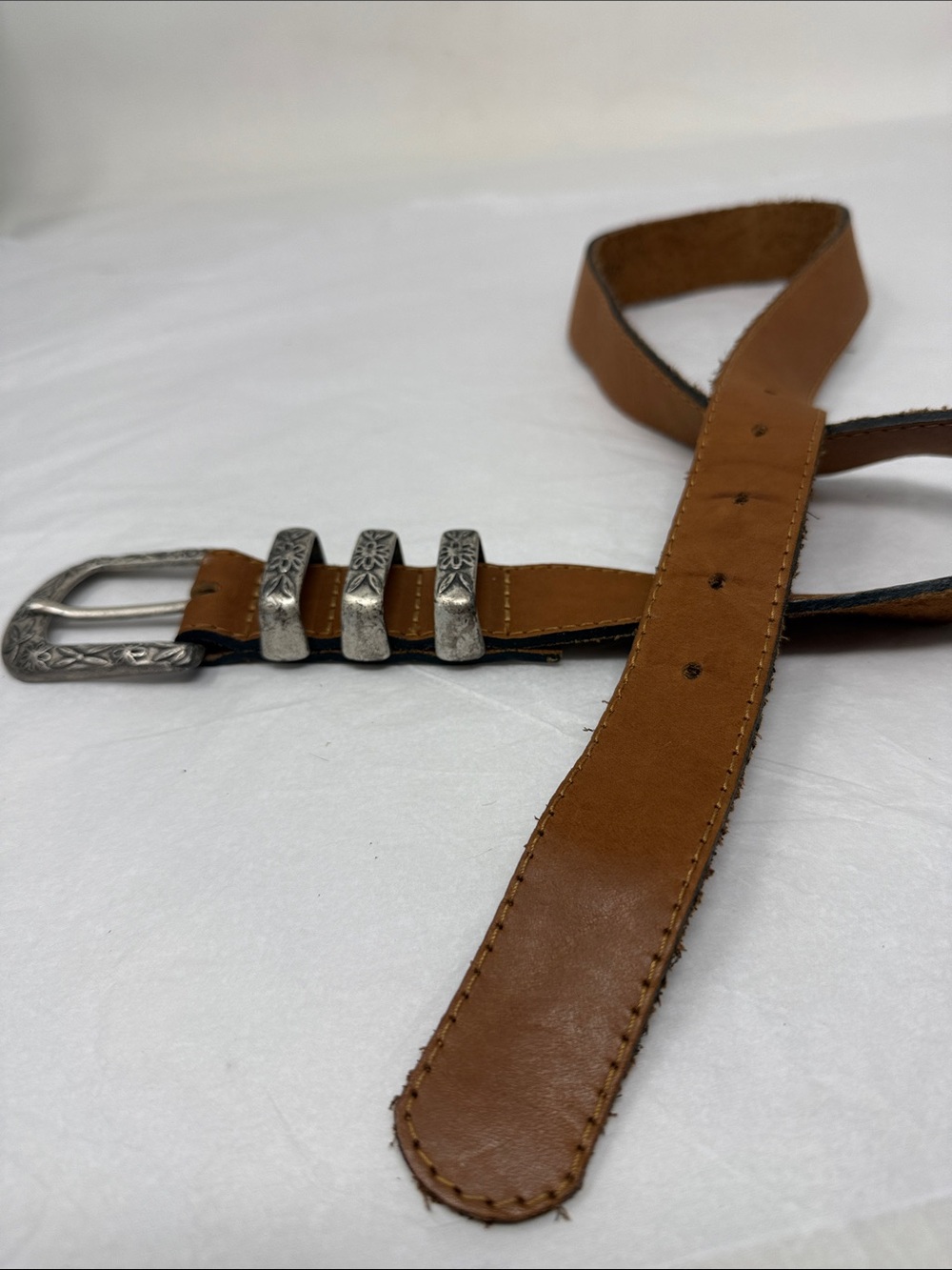 Elite Brown Leather Floral Western Belt Silver Buckle Vintage Style Boho Babe - Picture 2 of 3